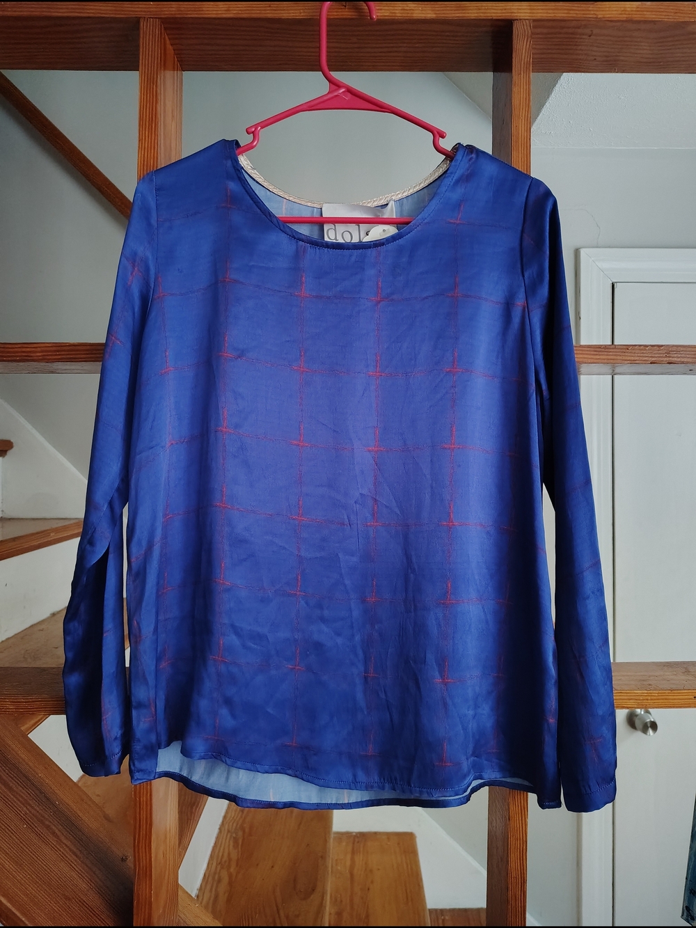 dolan Royal Blue Long Sleeve Top with Red Grid Detail
